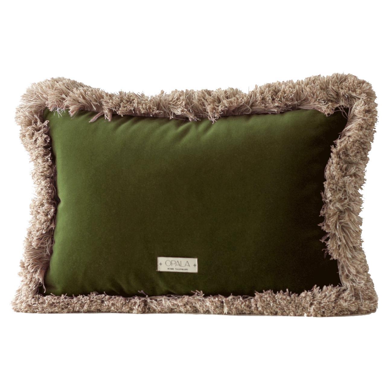 Daisy II frange taupe et velours vert Deluxe Coussin décoratif fait main