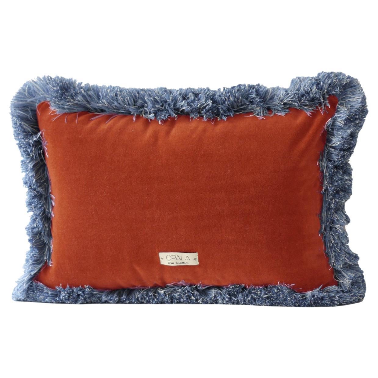 Daisy II Terracota Velvet Deluxe Handmade Decorative Cushion Blue Fringe