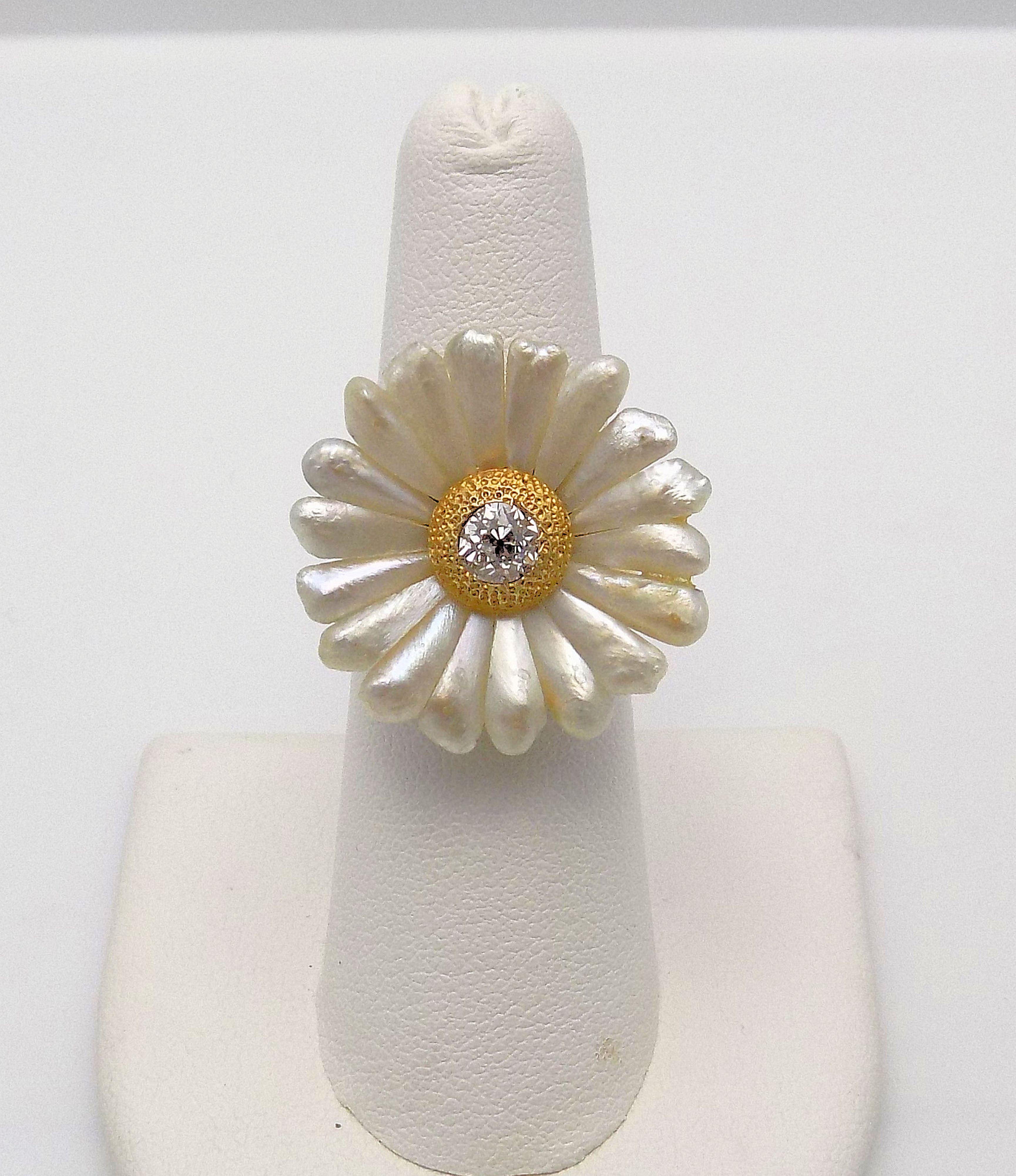 Delightfully Charming 14 Karat Yellow Gold Ring with Antique Ornamentation.  Daisy Motif Set with 18 American Fresh Water Pearls and Center European Cut Diamond 0.25 CT. SI-1, H-I. New Shank; Ring Size/Finger Size 6.  7.5 DWT or 11.66 Grams.