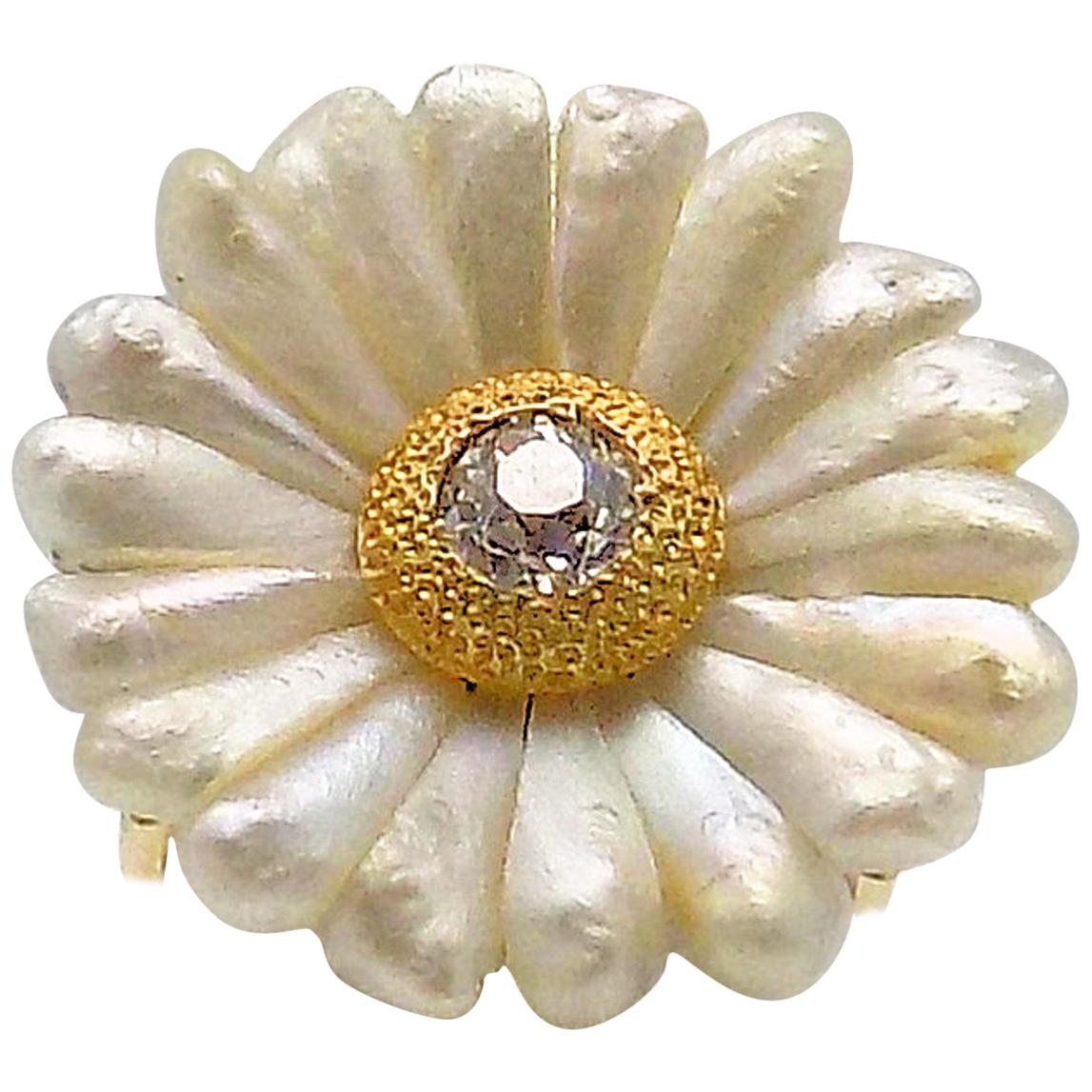 Daisy Motif American Fresh Water Pearls and Diamond Ring For Sale