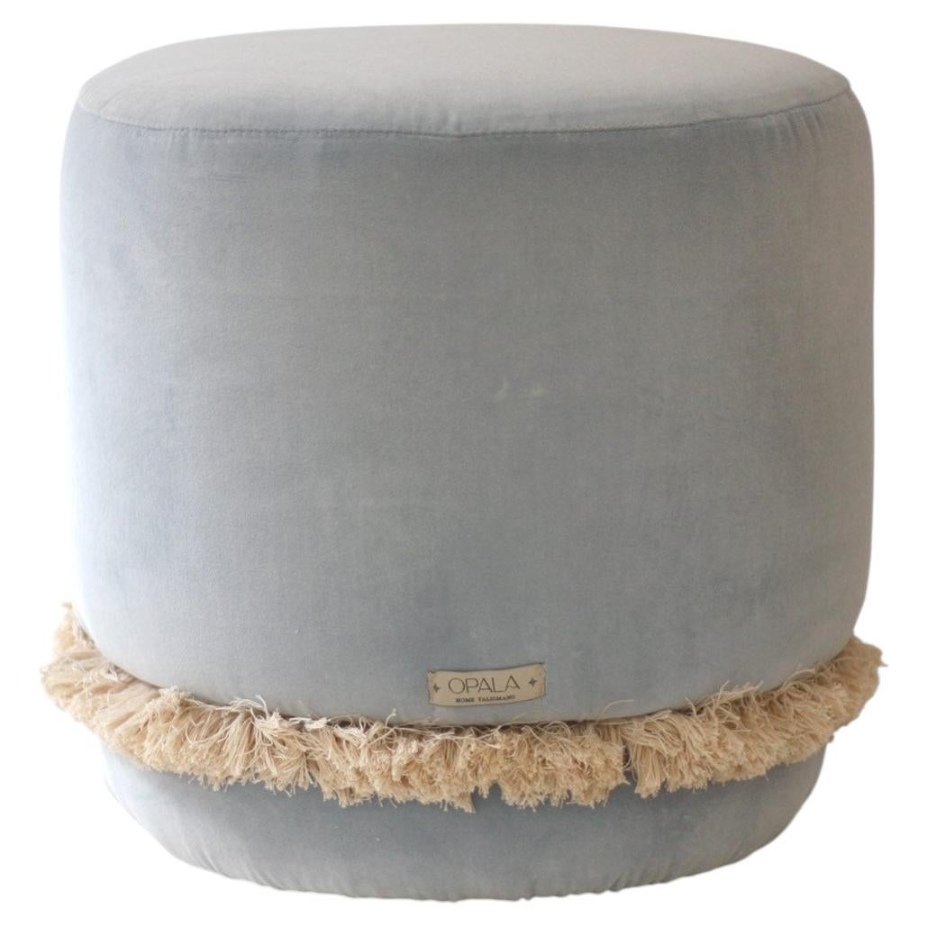 DAISY Organic Modern low Pouf Ottoman in Blue Cotton Velvet with Fringe For Sale