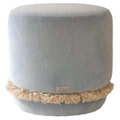 DAISY Organic Modern low Pouf Ottoman in Blue Cotton Velvet with Fringe