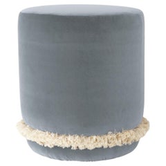 DAISY Organic Modern Pouf Ottoman in Blue Cotton Velvet with Fringe