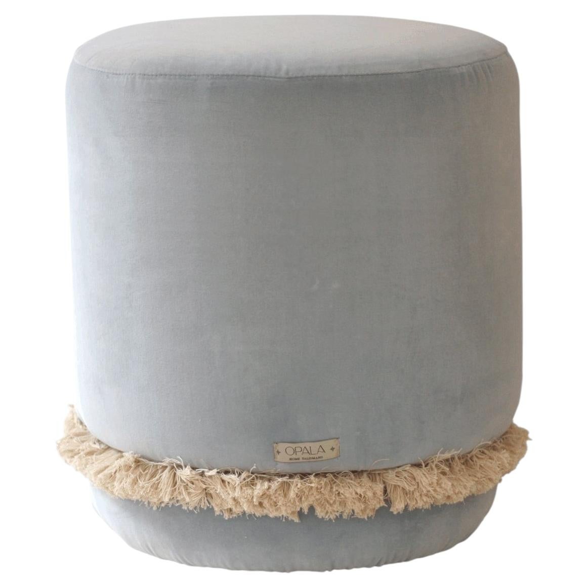 DAISY Organic Modern Pouf Ottoman in Blue Cotton Velvet with Fringe
