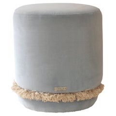 DAISY Organic Modern Pouf Ottoman in Blue Cotton Velvet with Fringe