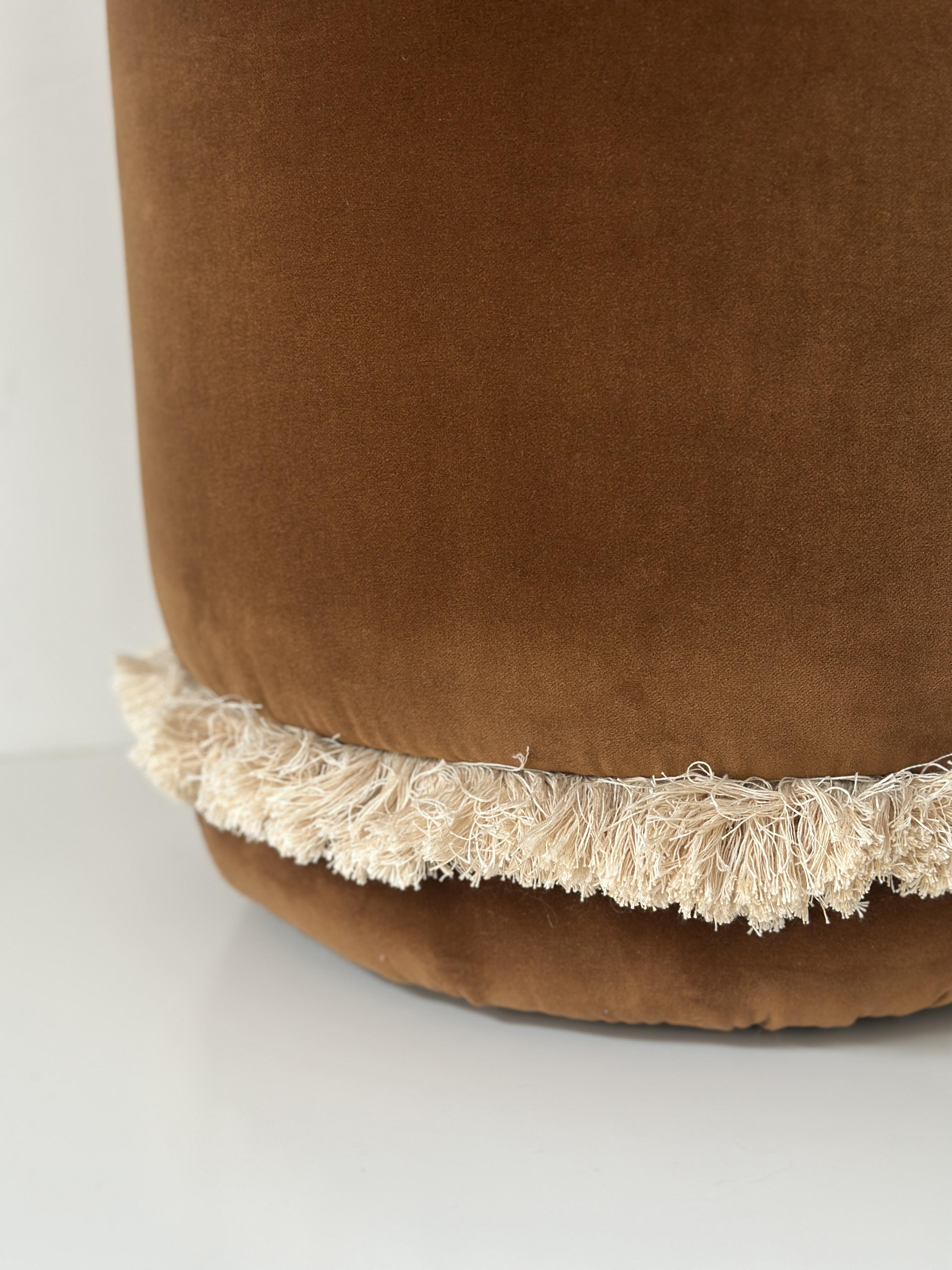 Portuguese DAISY Organic Modern Pouf Ottoman in Brick Cotton Velvet with Fringe For Sale