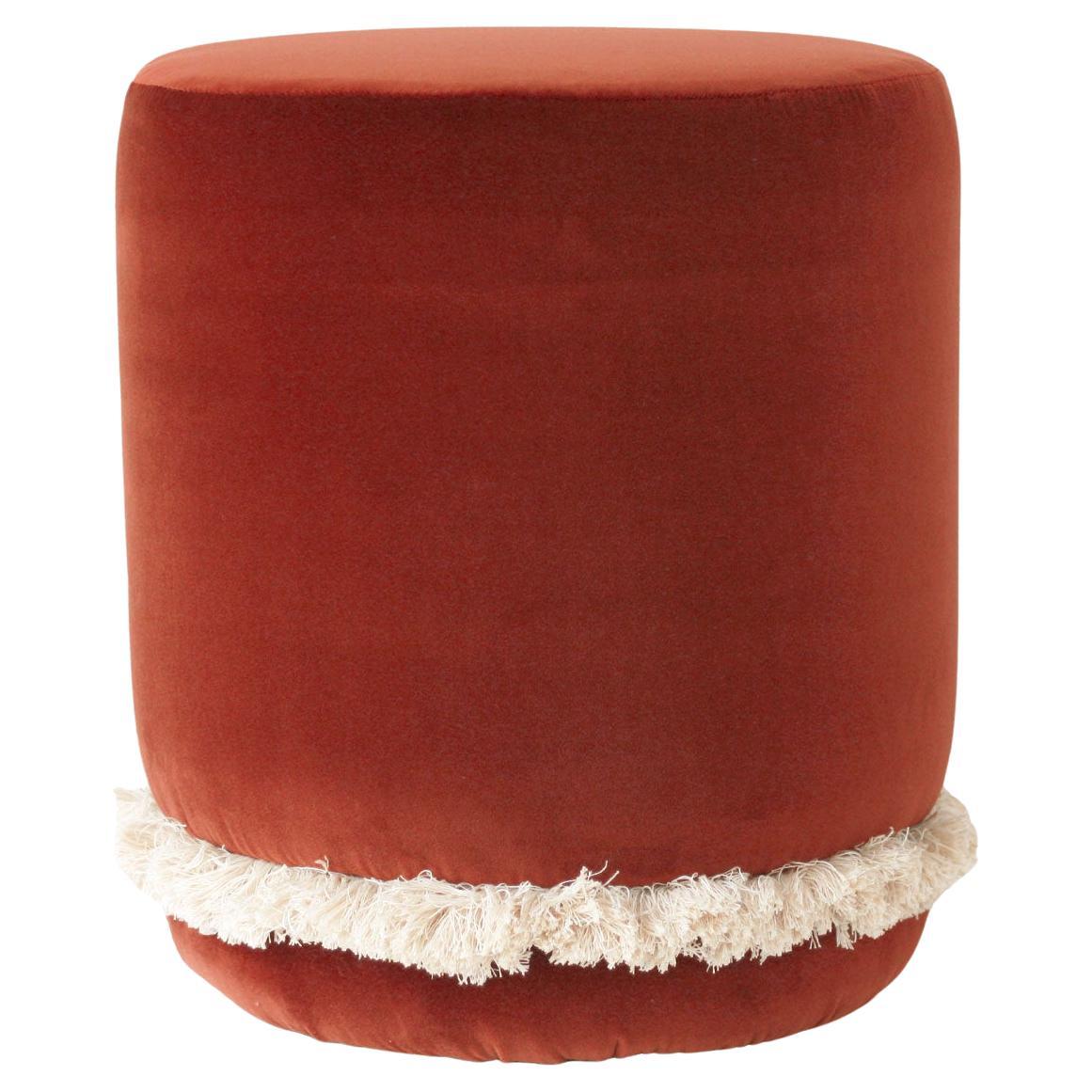 DAISY Organic Modern Pouf Ottoman in Brick Cotton Velvet with Fringe