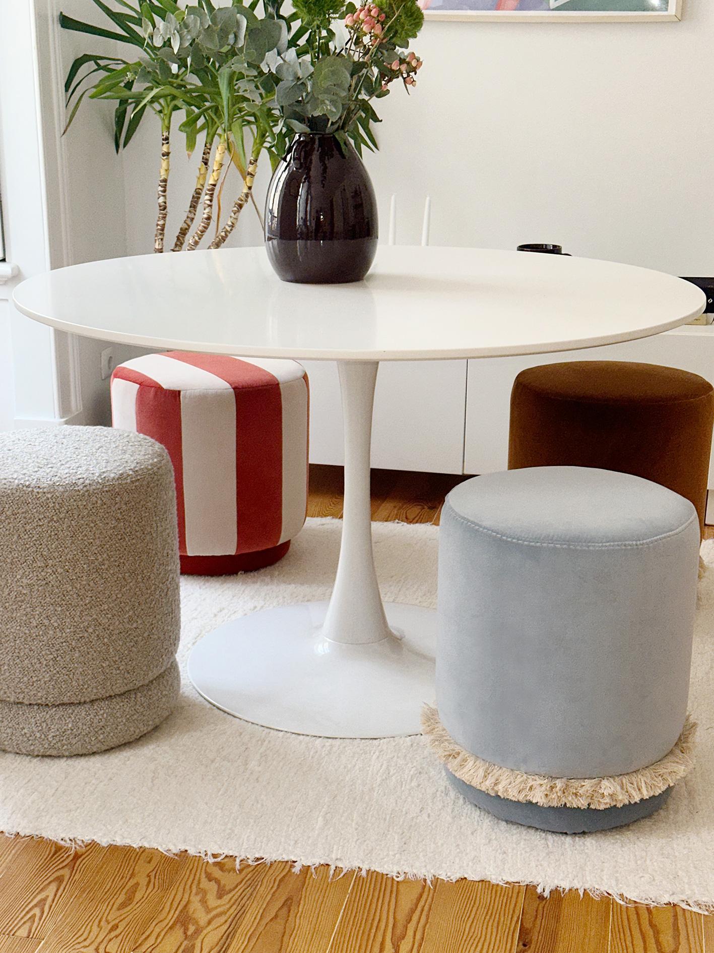 Contemporary DAISY Organic Modern Pouf Ottoman in Brown Cotton Velvet with Fringe For Sale