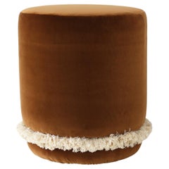 DAISY Organic Modern Pouf Ottoman in Brown Cotton Velvet with Fringe
