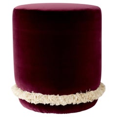DAISY Organic Modern Pouf Ottoman in Deep Bordeaux Cotton Velvet with Fringe