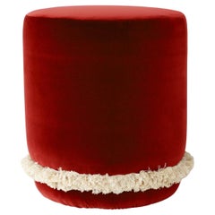 DAISY Organic Modern Pouf Ottoman in Rubi Red Cotton Velvet with Fringe