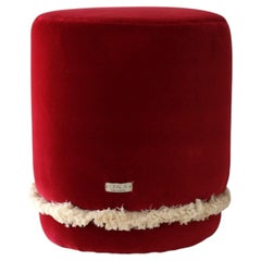 DAISY Organic Modern Pouf Ottoman in Rubi Red Cotton Velvet with Fringe