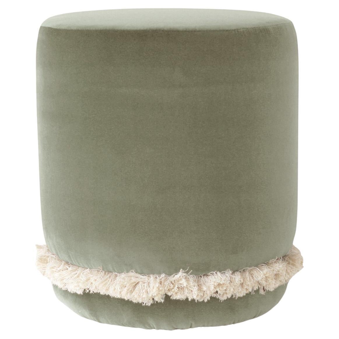 DAISY Organic Modern Pouf Ottoman in Stone Green Cotton Velvet with Fringe
