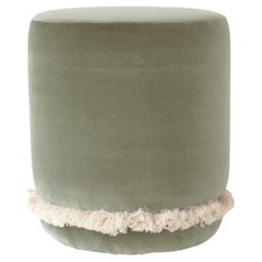 DAISY Organic Modern Pouf Ottoman in Stone Green Cotton Velvet with Fringe