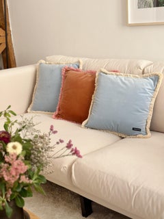 Daisy Cloudy Blue Velvet Deluxe Handmade Fringed Cushion
