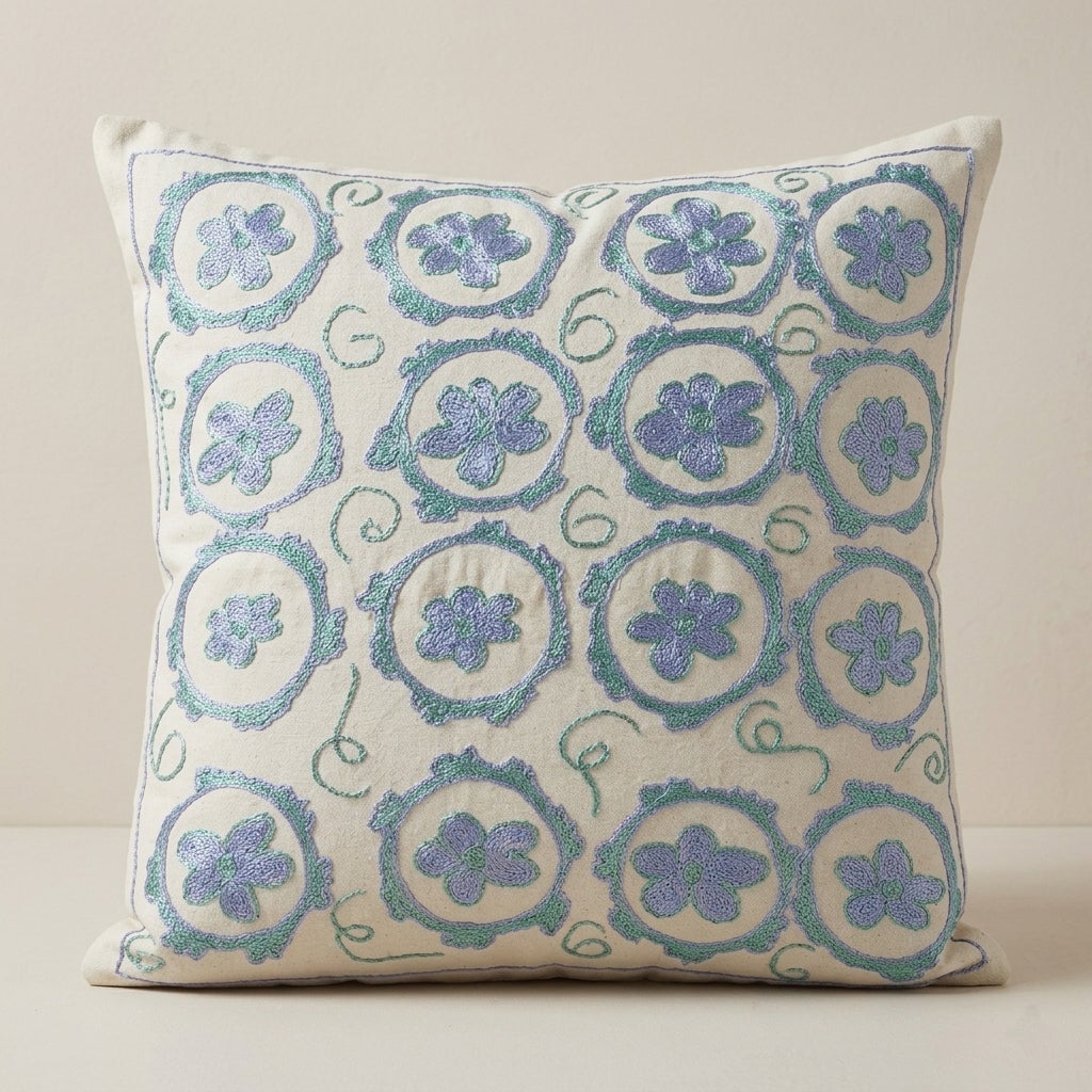 17"x17" Silk Cushion Cover, Embroidered Lace Pillow, Daisy Pattern Accent Pillow
