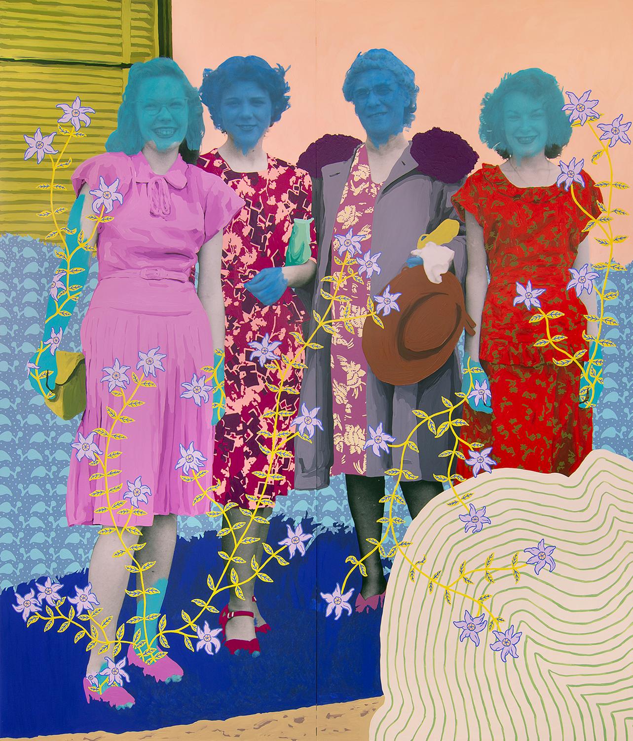 Untitled (Family Members with Patterned Dresses and Car)