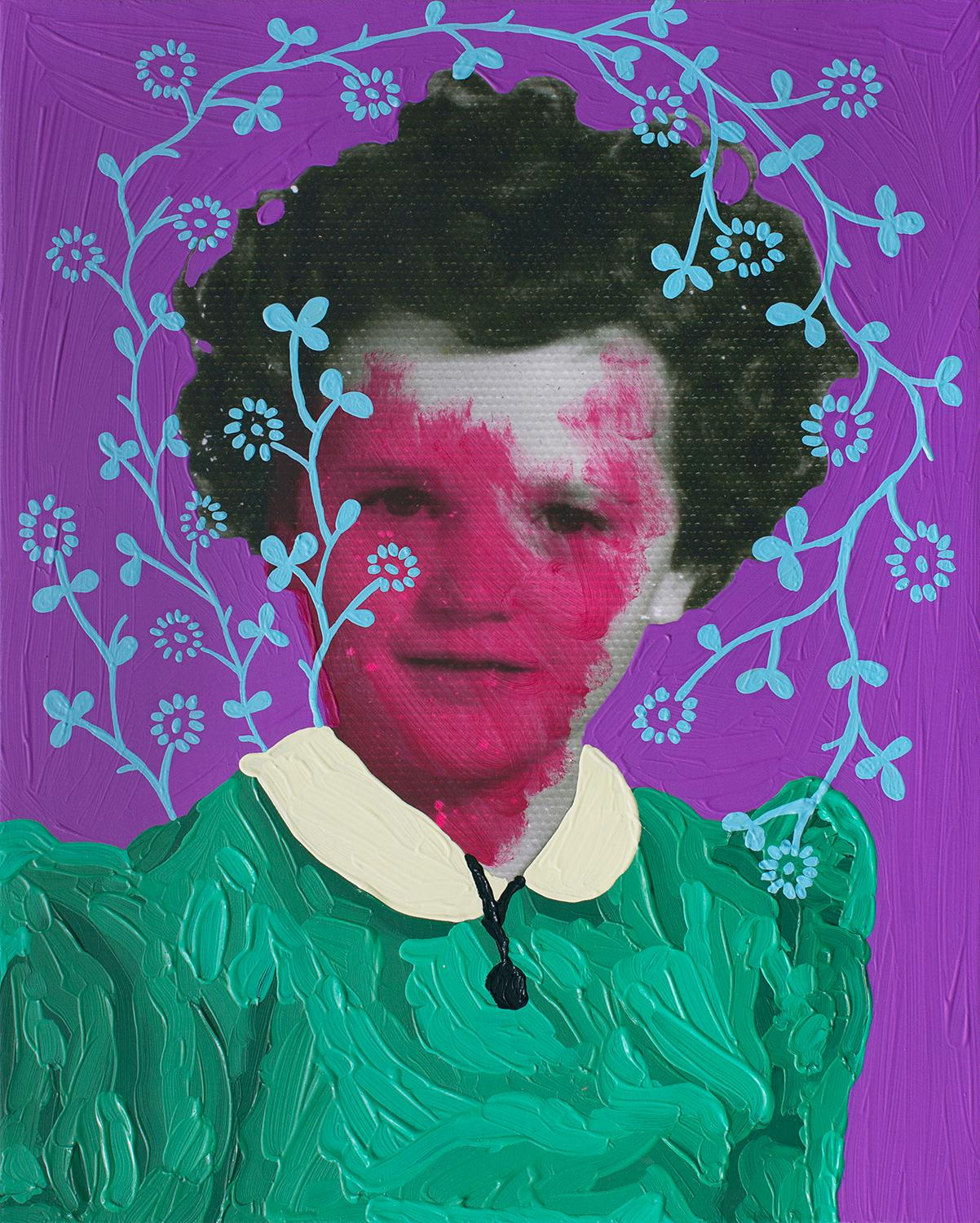 Daisy Patton Portrait Painting - Untitled (Magenta Girl and Aqua Pattern)