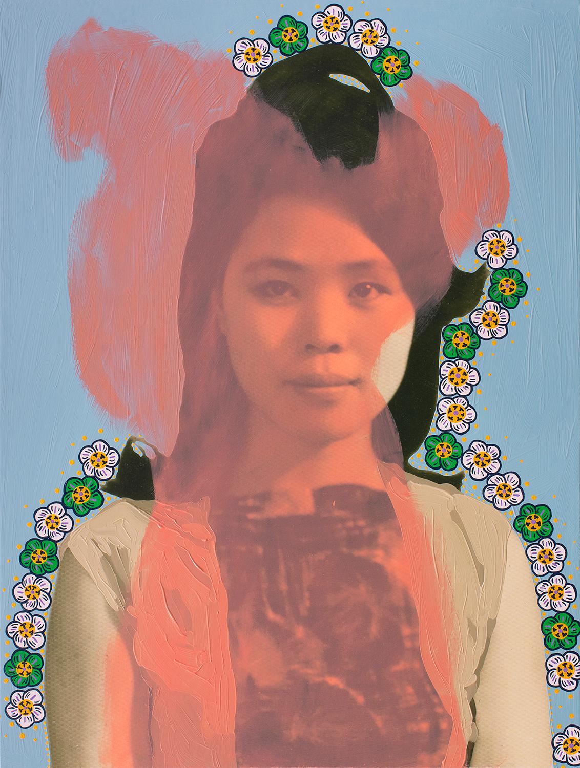 Untitled (Orange Woman with White and Green Flowers)