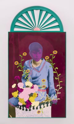 Sin título (Mujer morada con ramo y flores de ojos amarillos)