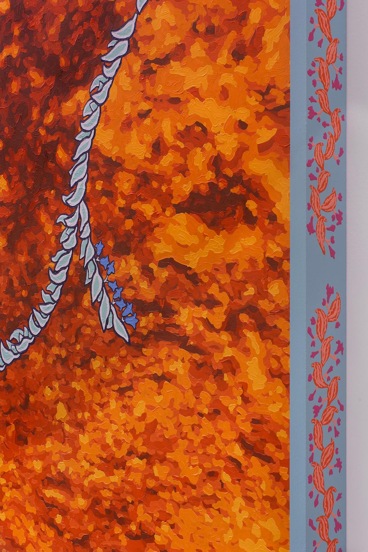 Sin título (Mujer cerceta y carmesí apoyada en una roca naranja y enredaderas de foca de Salomón) - Painting Contemporáneo de Daisy Patton