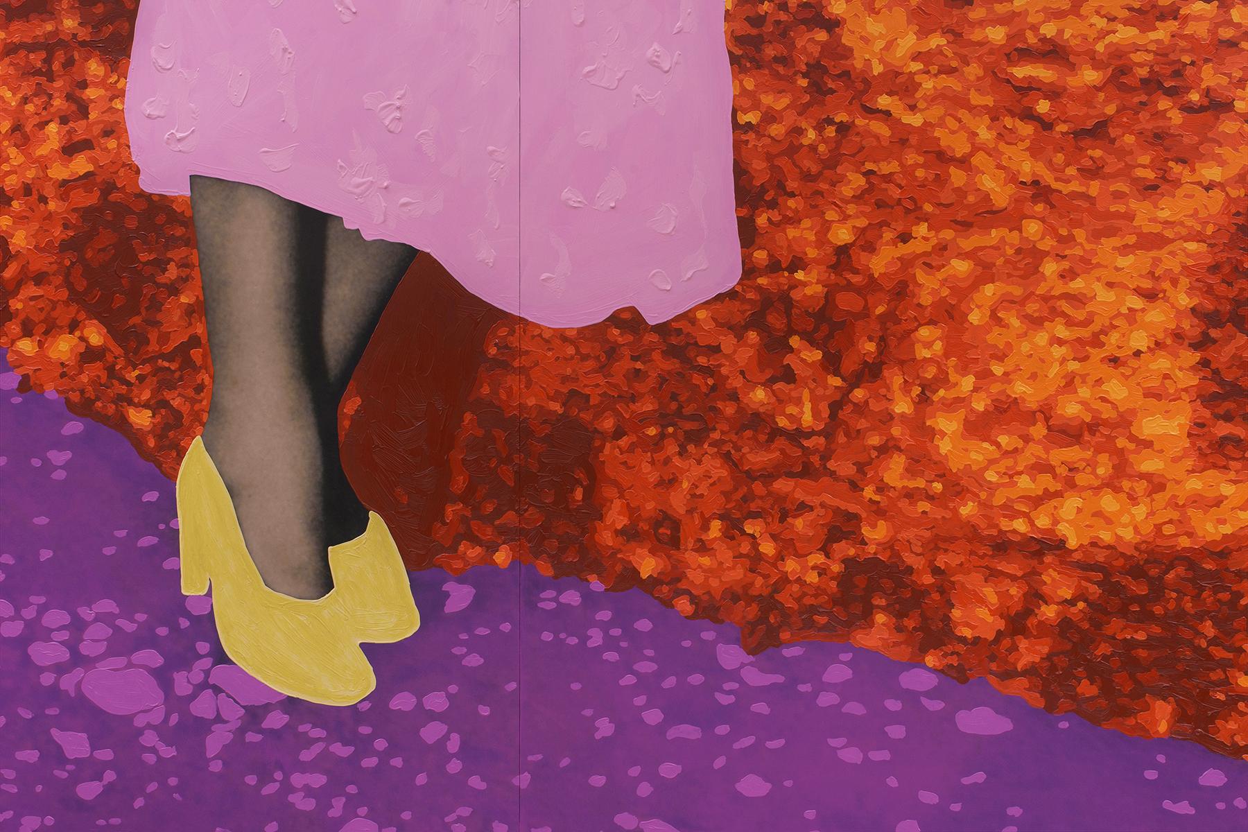 Sin título (Mujer cerceta y carmesí apoyada en una roca naranja y enredaderas de foca de Salomón) - Portrait Painting Verde de Daisy Patton