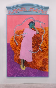 Untitled (Teal & Chartreuse Woman Leaning on Orange Rock & Solomon's Seal Vines)