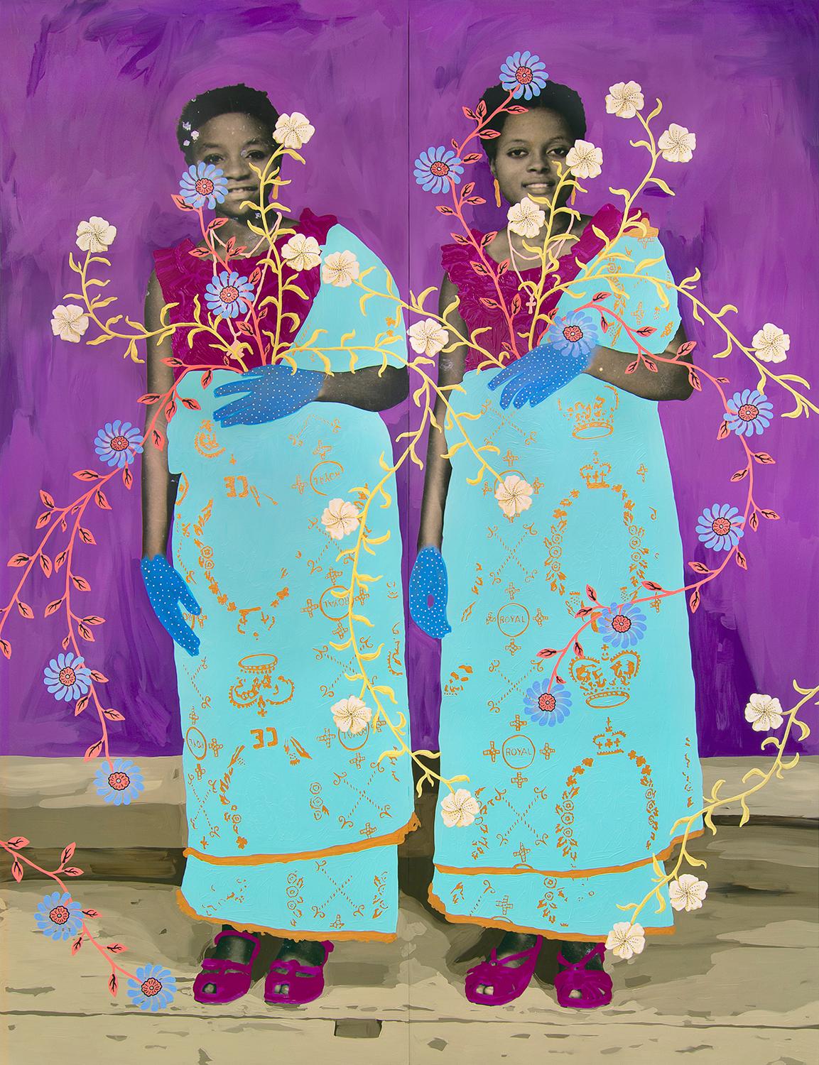 Untitled (Two Women with Green and Gold Robes and Floral Pattern) - Painting by Daisy Patton