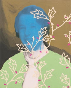 Ohne Titel (Frau mit cremefarbenen Blättern und rosa Punkten)