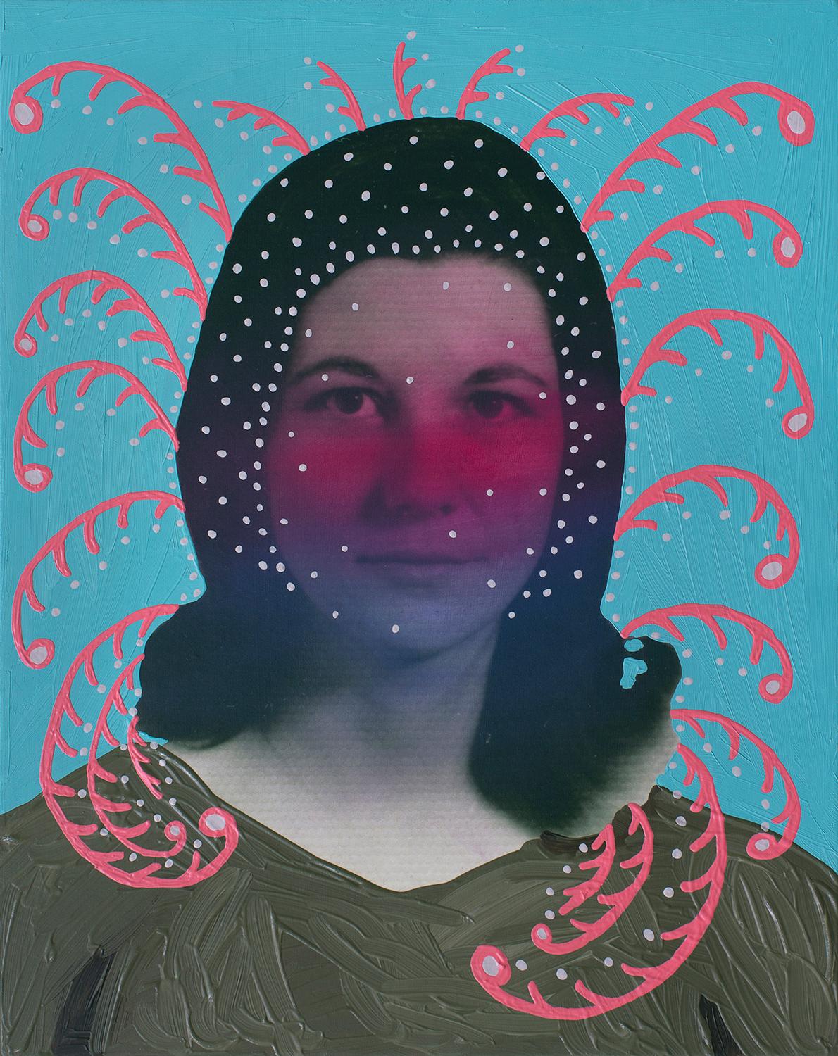Daisy Patton Portrait Painting - Untitled (Woman with Dots and Floral Pattern)