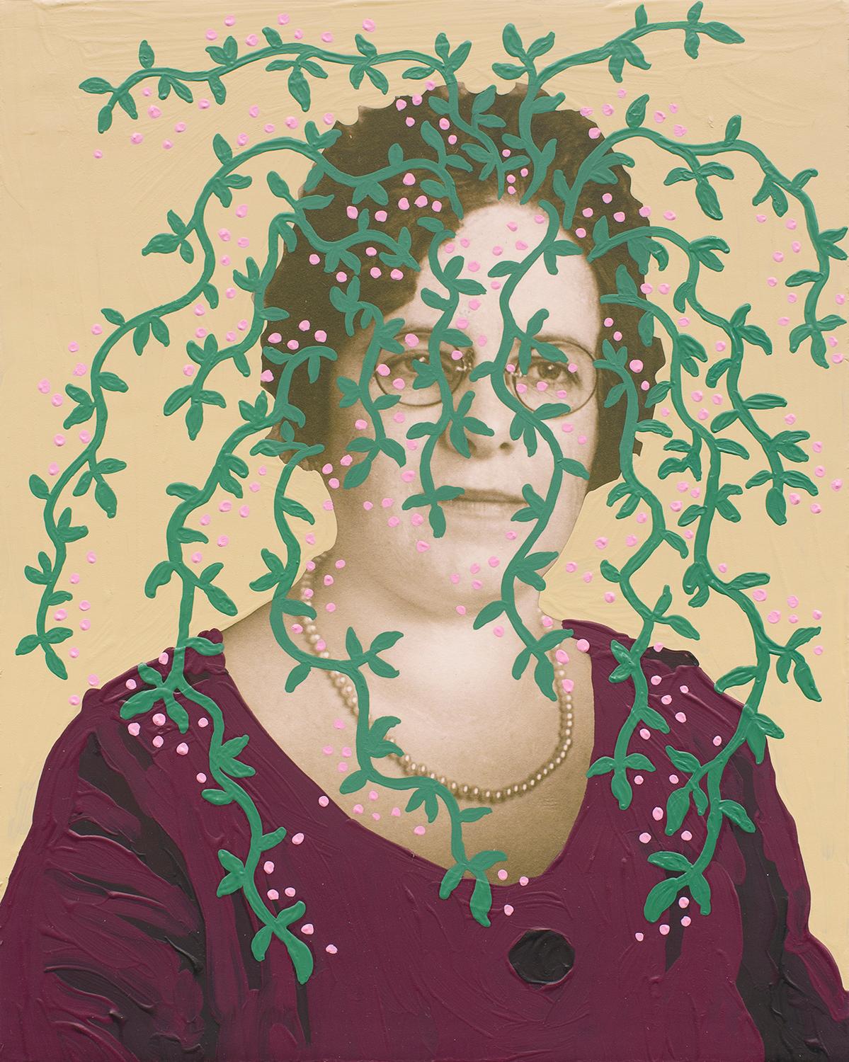 Daisy Patton Abstract Painting - Untitled (Woman with Green Vines and Cream Background)