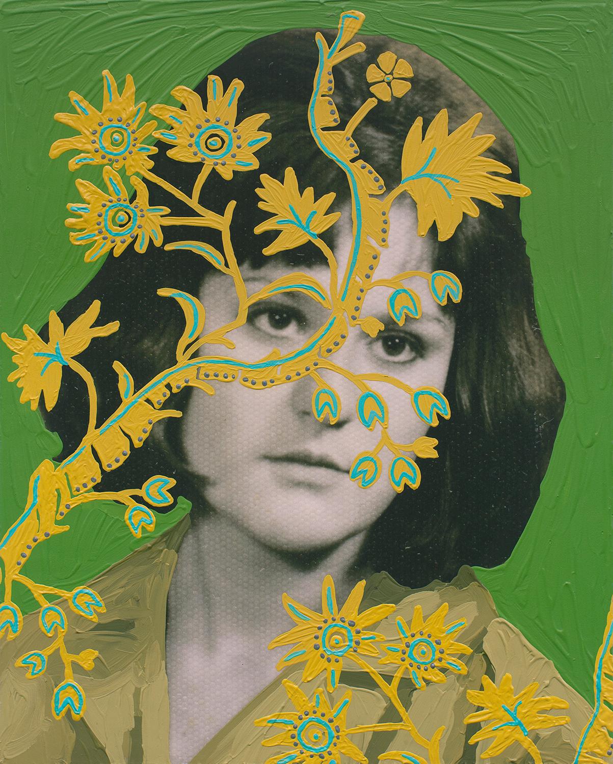 Daisy Patton Figurative Painting - Untitled (Woman with Yellow Vines and Green Background)