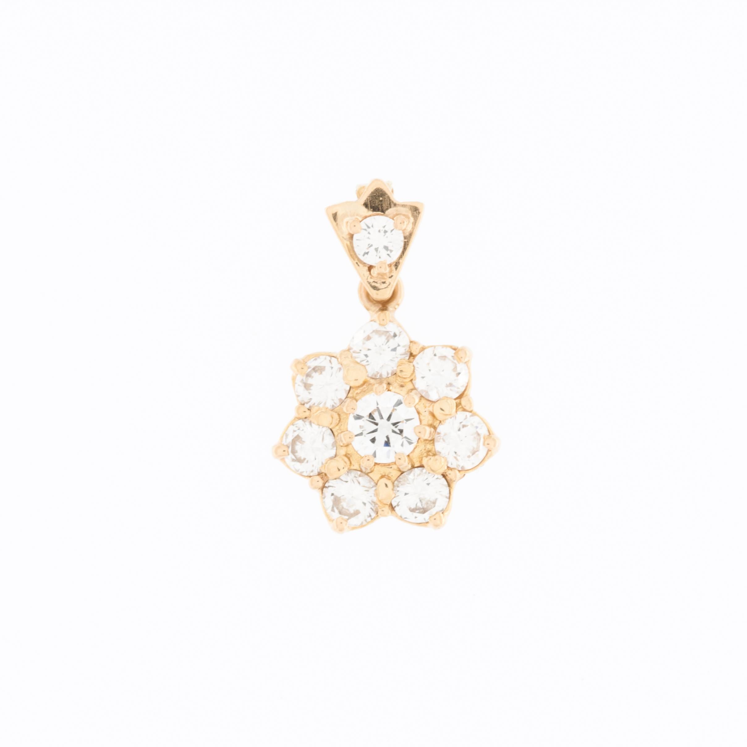 The HRD Certified Daisy Pendant in Yellow Gold is an exquisite piece of jewelry crafted with precision and elegance. Made from 18kt yellow gold, this pendant features a stunning arrangement of diamonds, totaling 1.4 carats in weight. The diamonds
