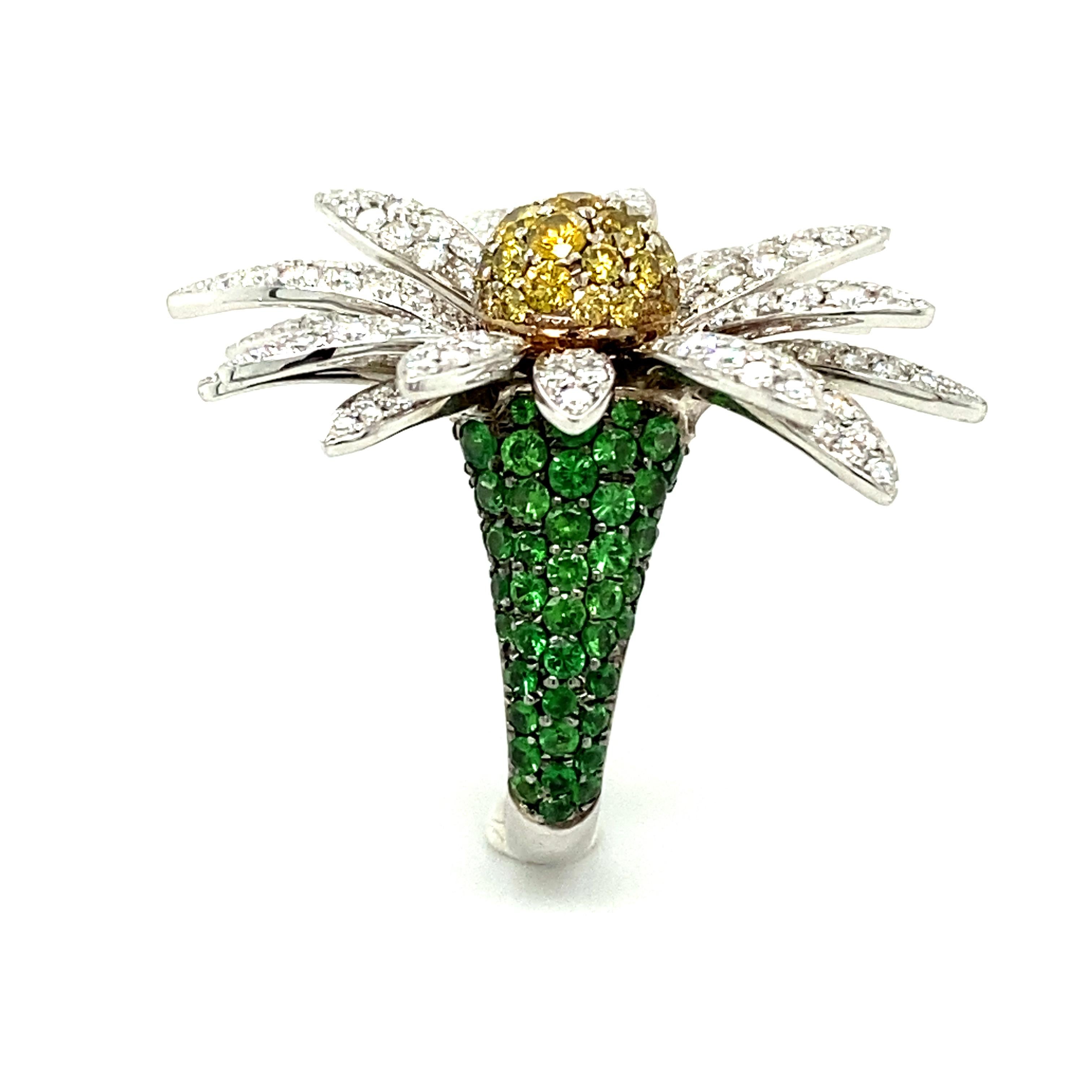 Daisy Ring with Diamonds and Tsavorites in 18 Karat White Gold by SILLAM 1835 9