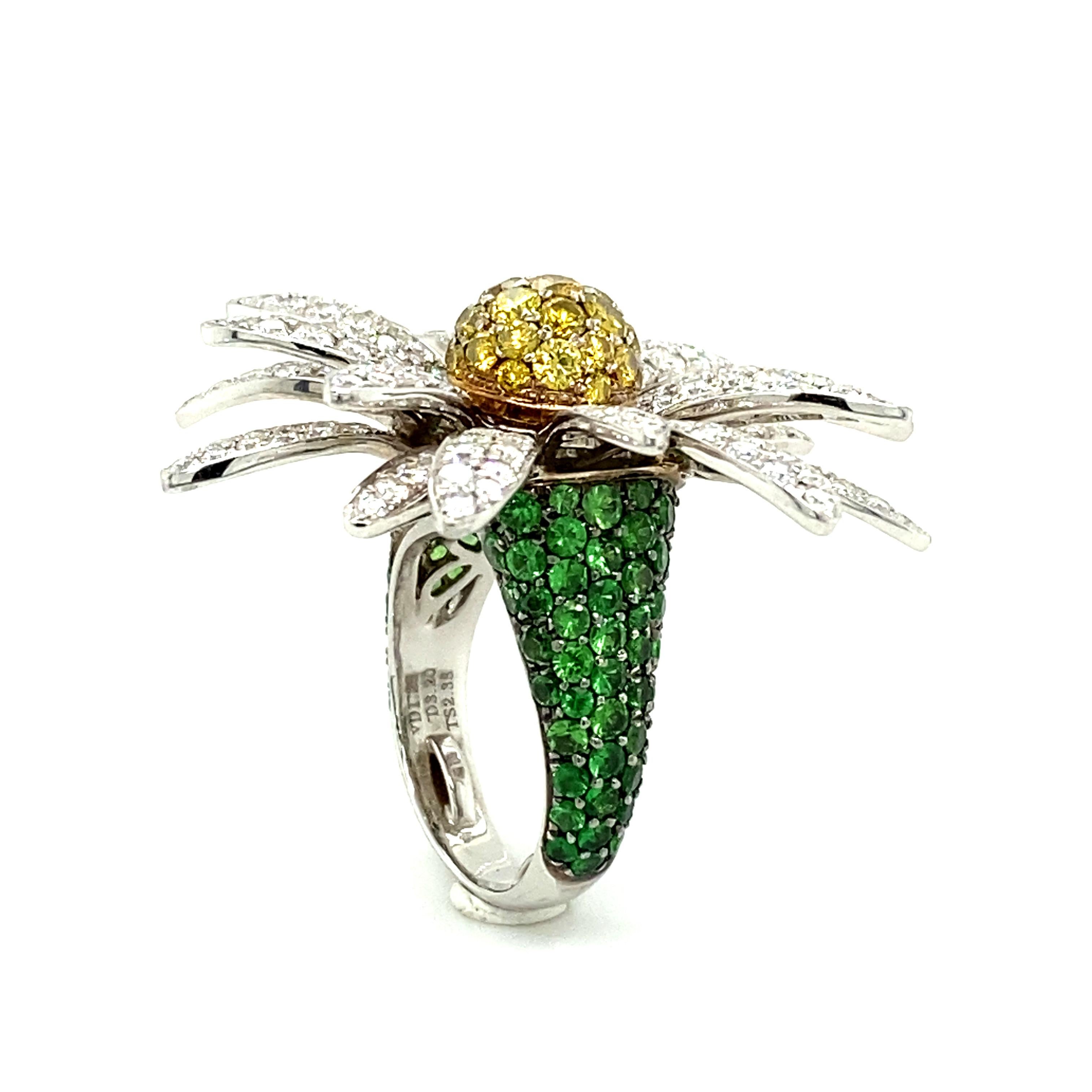 Daisy Ring with Diamonds and Tsavorites in 18 Karat White Gold by SILLAM 1835 10