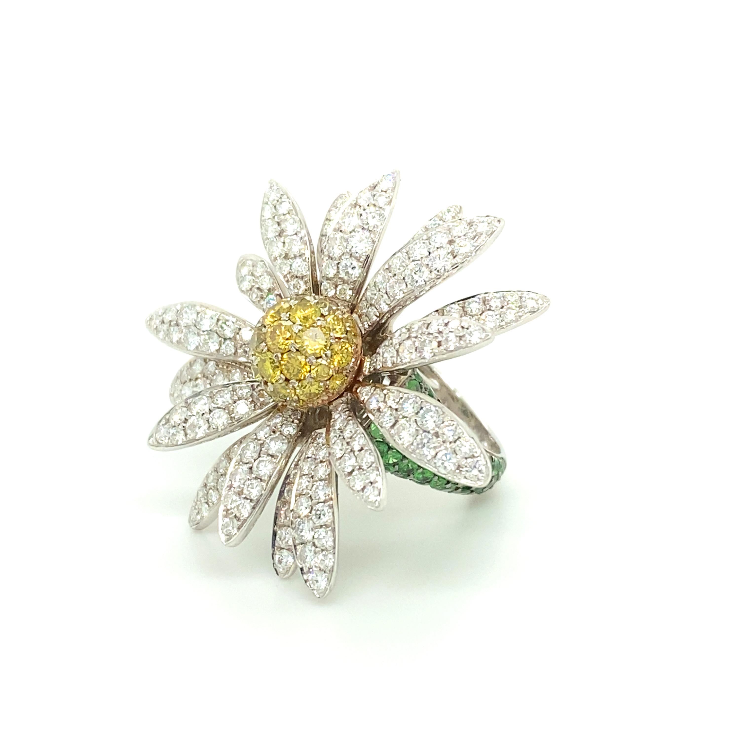 Brilliant Cut Daisy Ring with Diamonds and Tsavorites in 18 Karat White Gold by SILLAM 1835