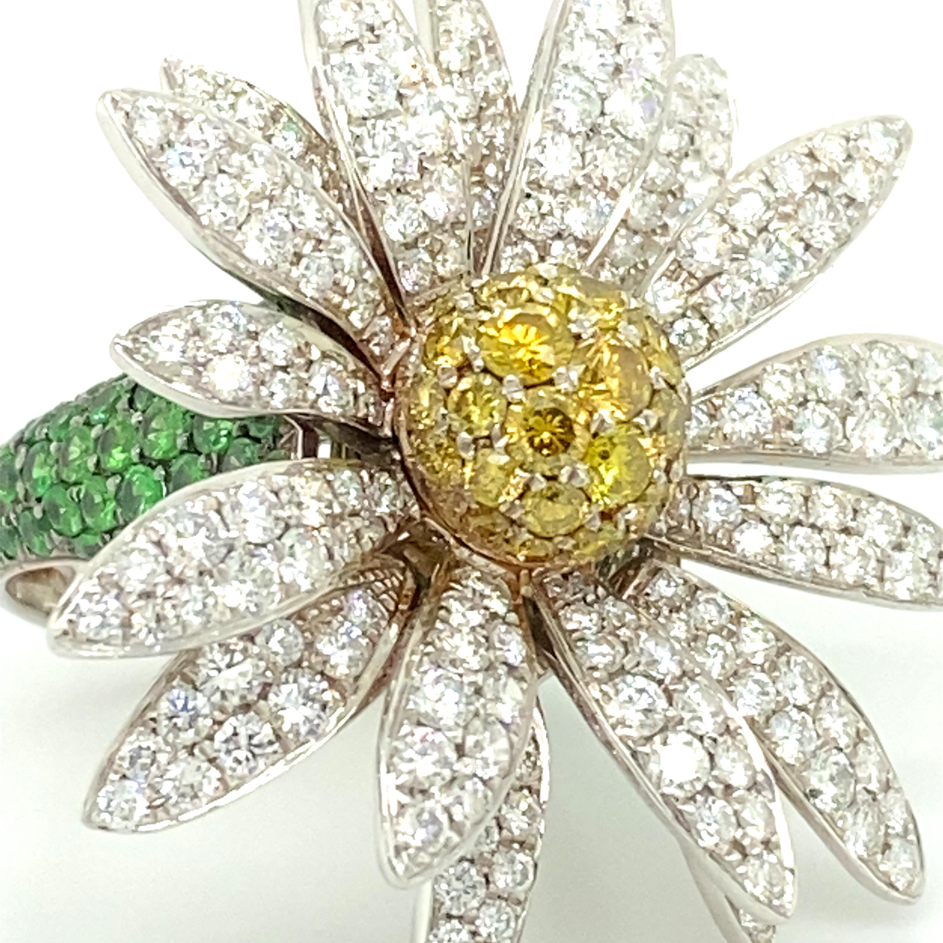 Women's or Men's Daisy Ring with Diamonds and Tsavorites in 18 Karat White Gold by SILLAM 1835