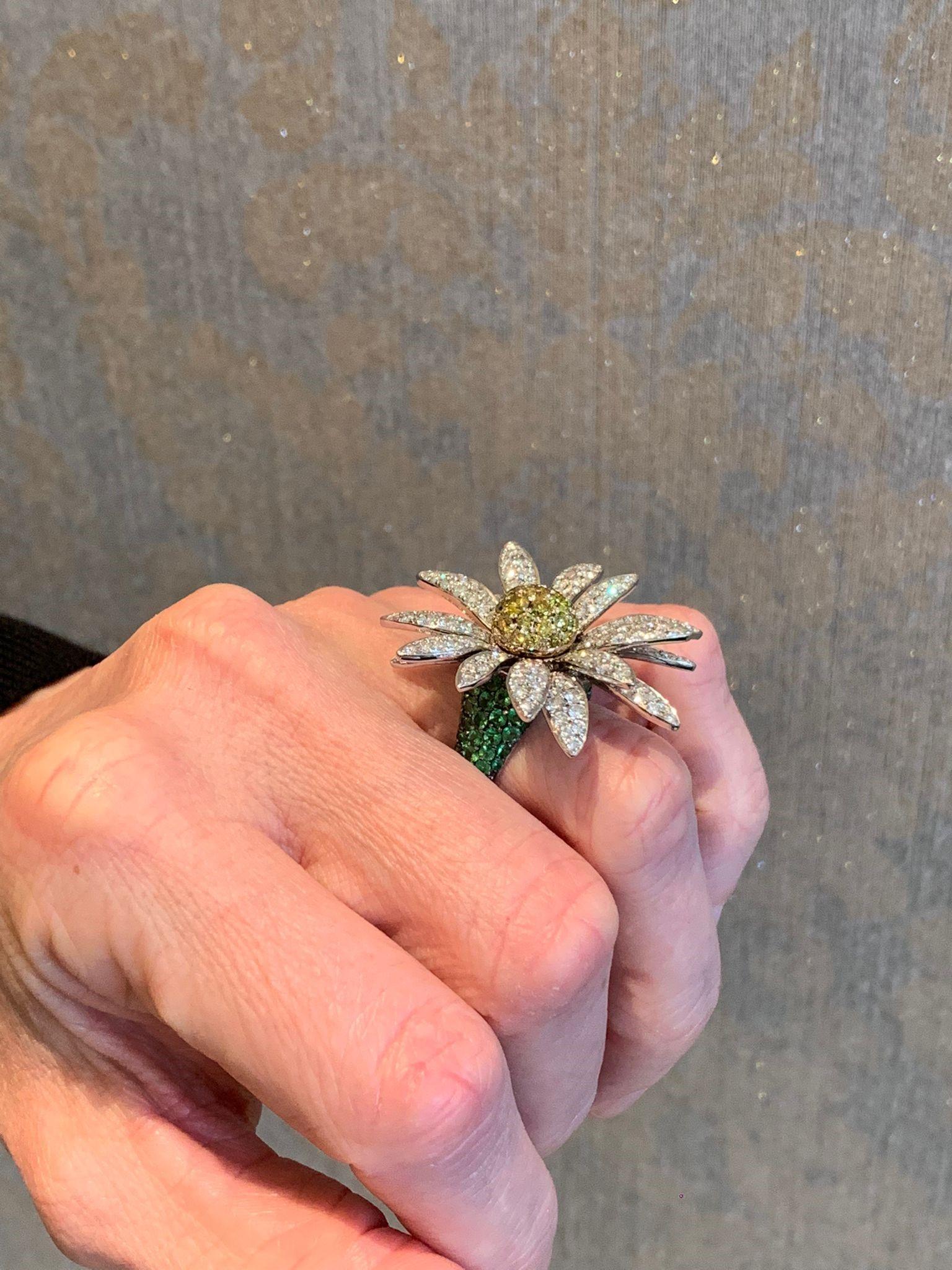 Daisy Ring with Diamonds and Tsavorites in 18 Karat White Gold by SILLAM 1835 1