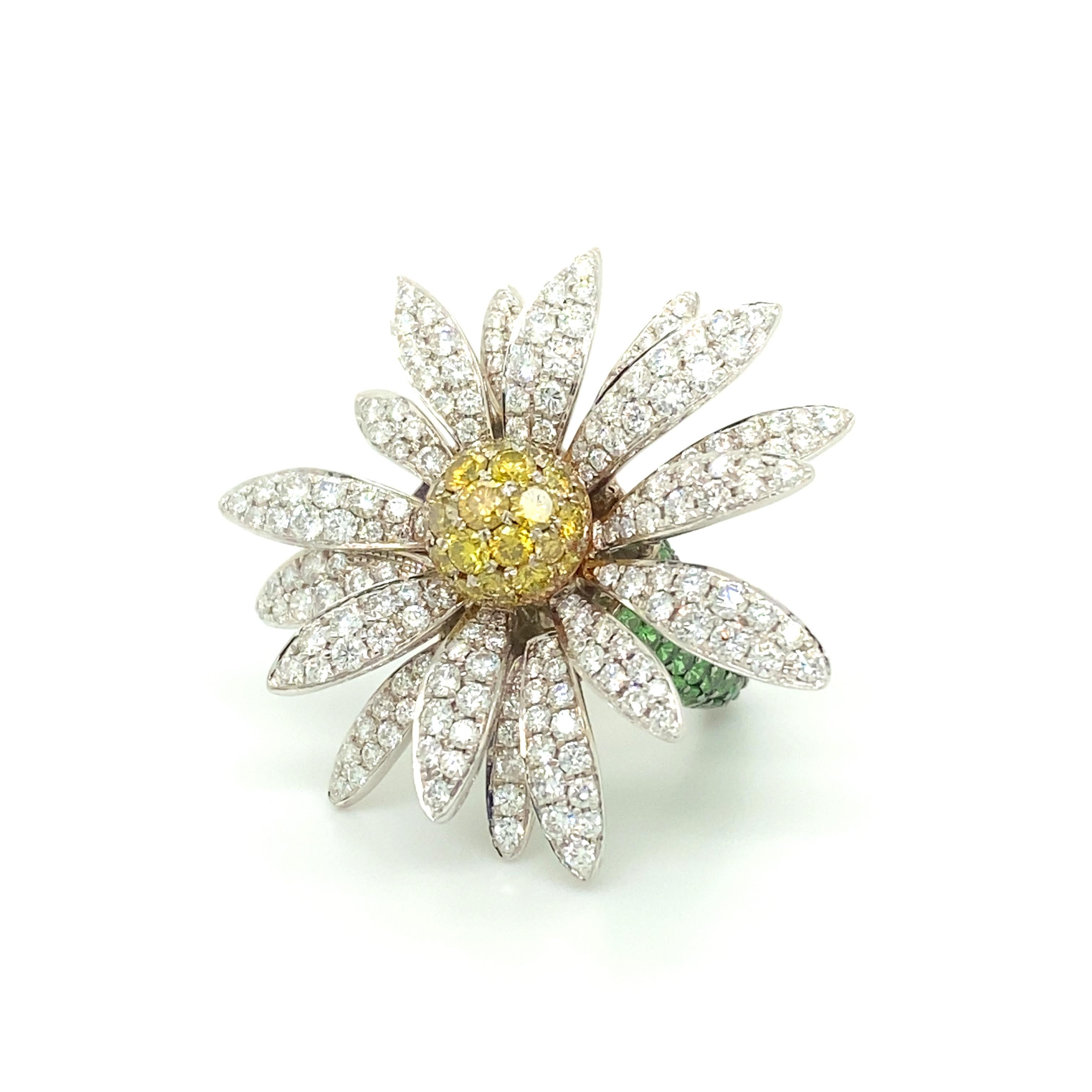 Daisy Ring with Diamonds and Tsavorites in 18 Karat White Gold by SILLAM 1835 2