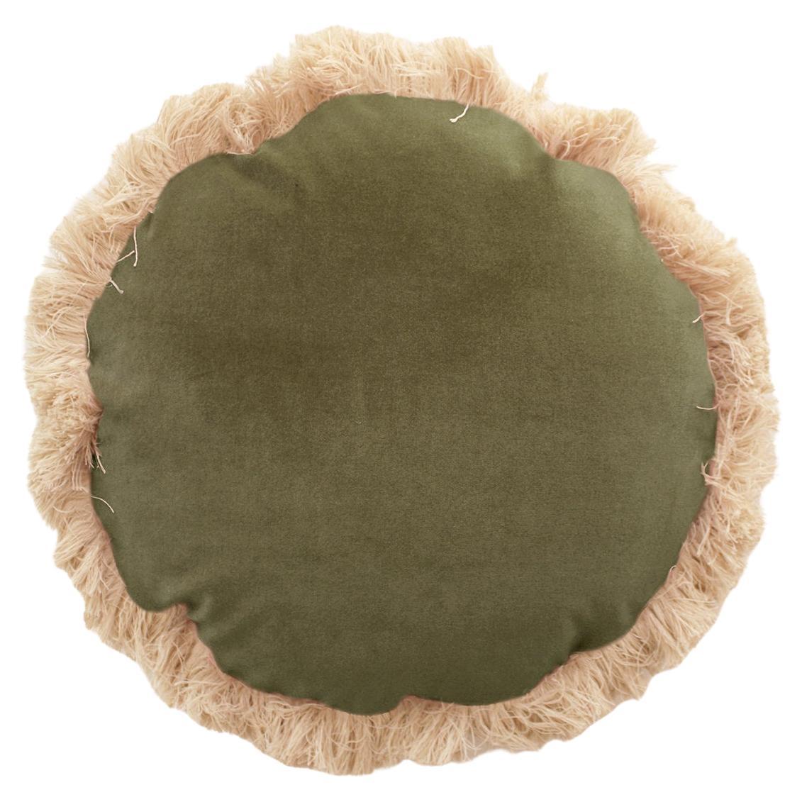 Coussin décoratif rond à longues franges en velours vert sec Deluxe fait à la main