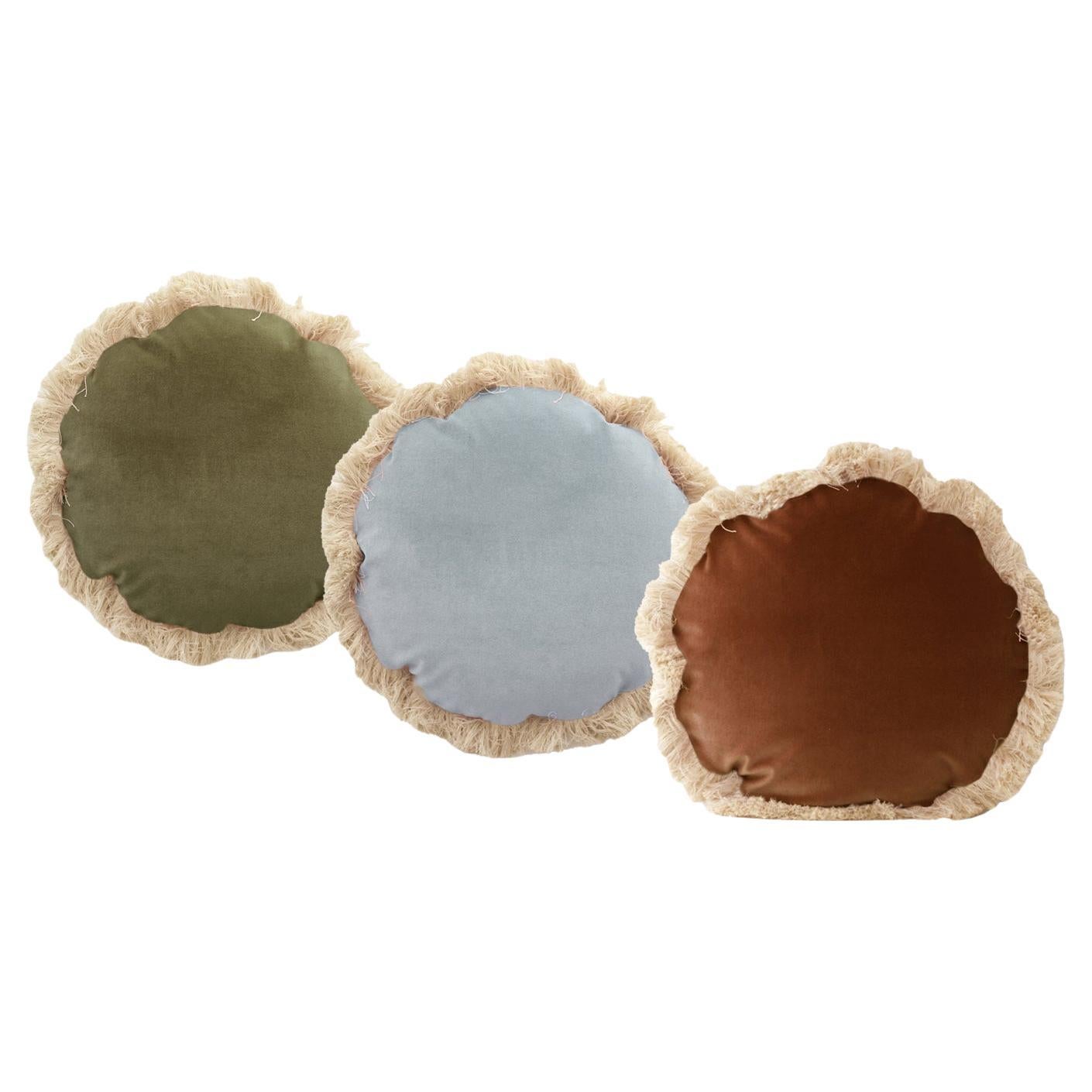DAISY Set di 3 cuscini rotondi con frange in velluto deluxe fatti a mano