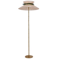  Daisy contemporary standing lamp, silk lampshade, silvered glass necklace, brass
