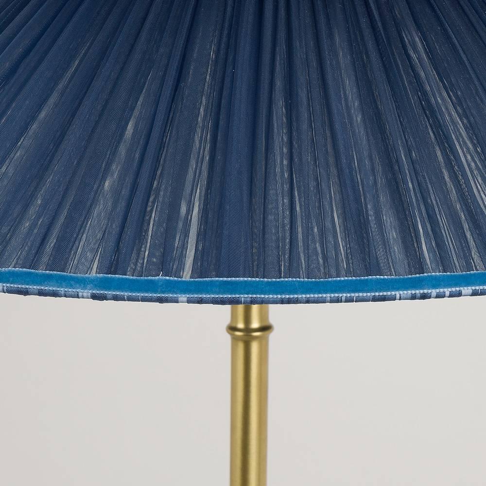Modern Daisy contemporary standing lamp, sapphire silk , silvered glass necklace, brass