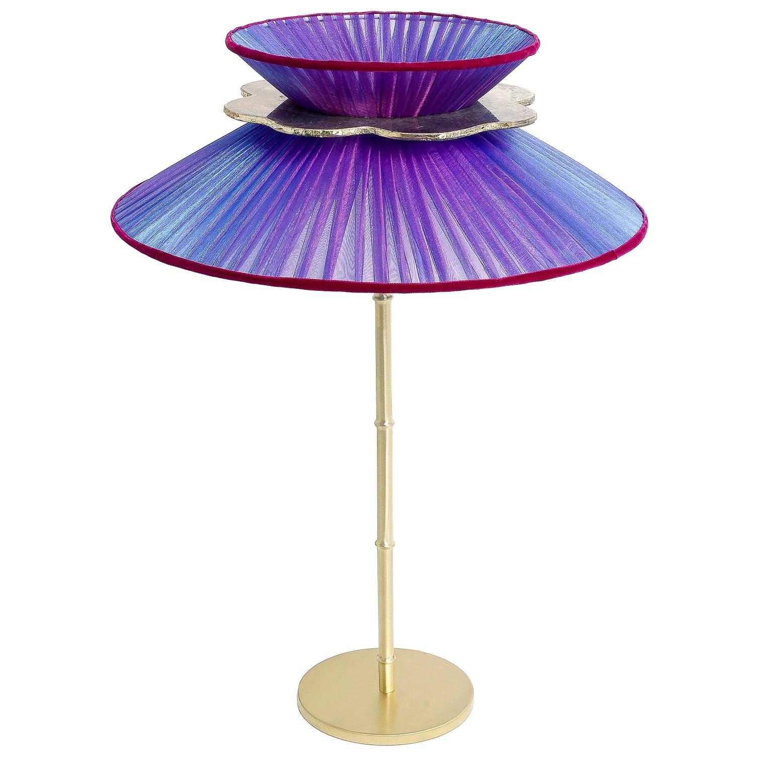 Daisy Table Lamp in Brass, Amethyst Silk and Silvered Necklace Glass Handmade