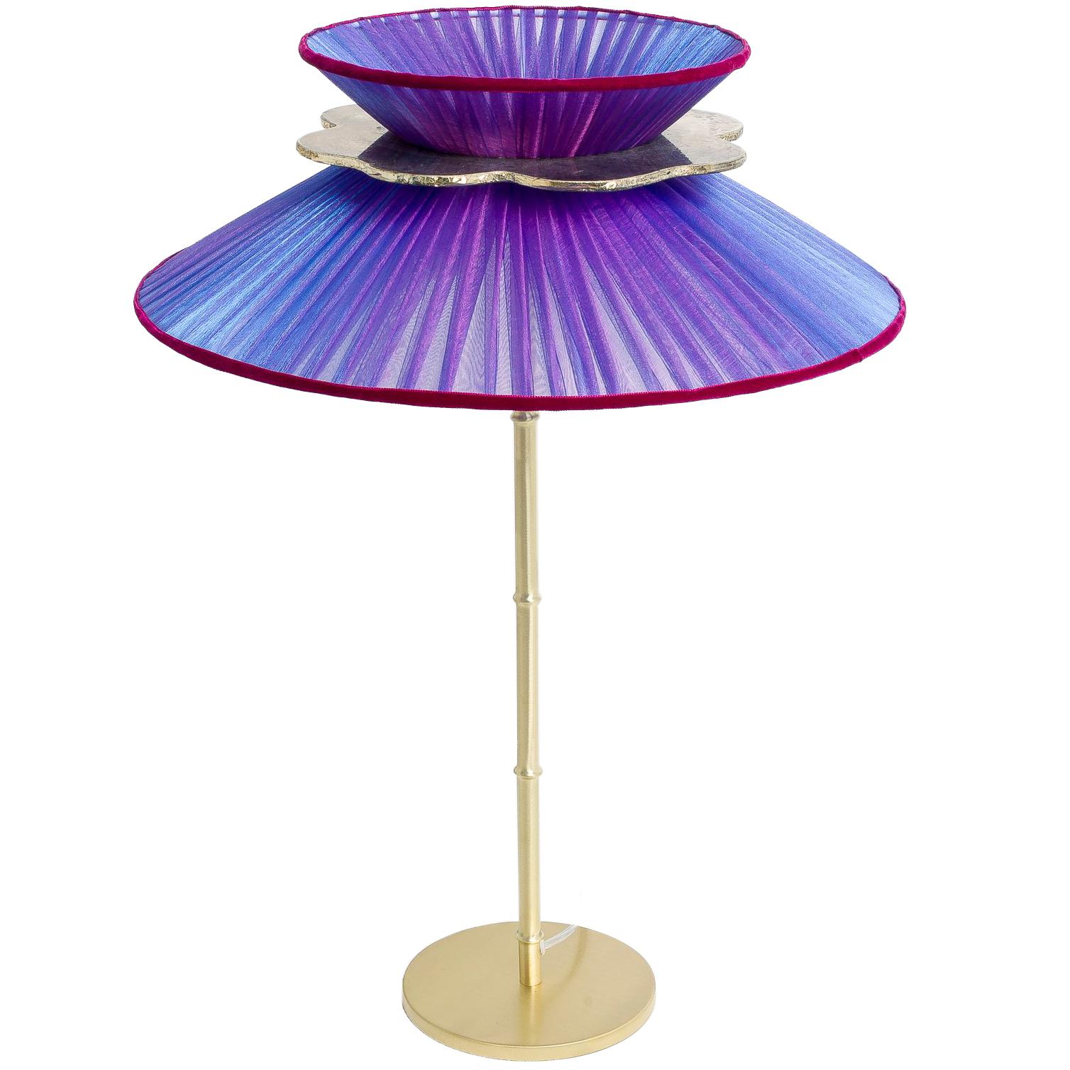 Modern Daisy Table Lamp in Brass, Amethyst Silk and Silvered Necklace Glass Handmade