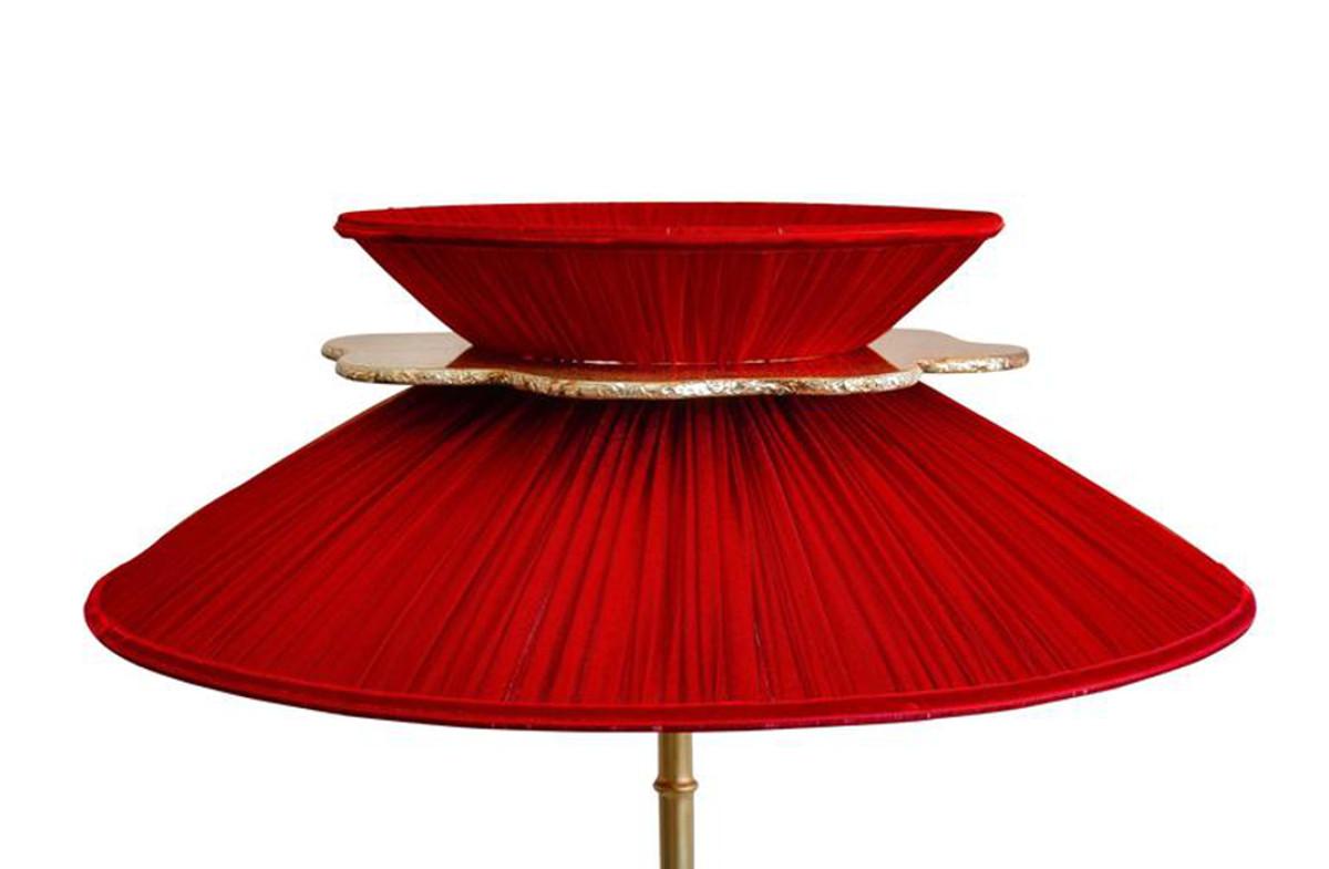 Daisy Table Lamp in Brass, Red Silk and Silvered necklace Glass Handmade 2