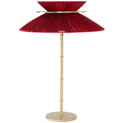 Daisy Table Lamp in Brass, Red Silk and Silvered necklace Glass Handmade