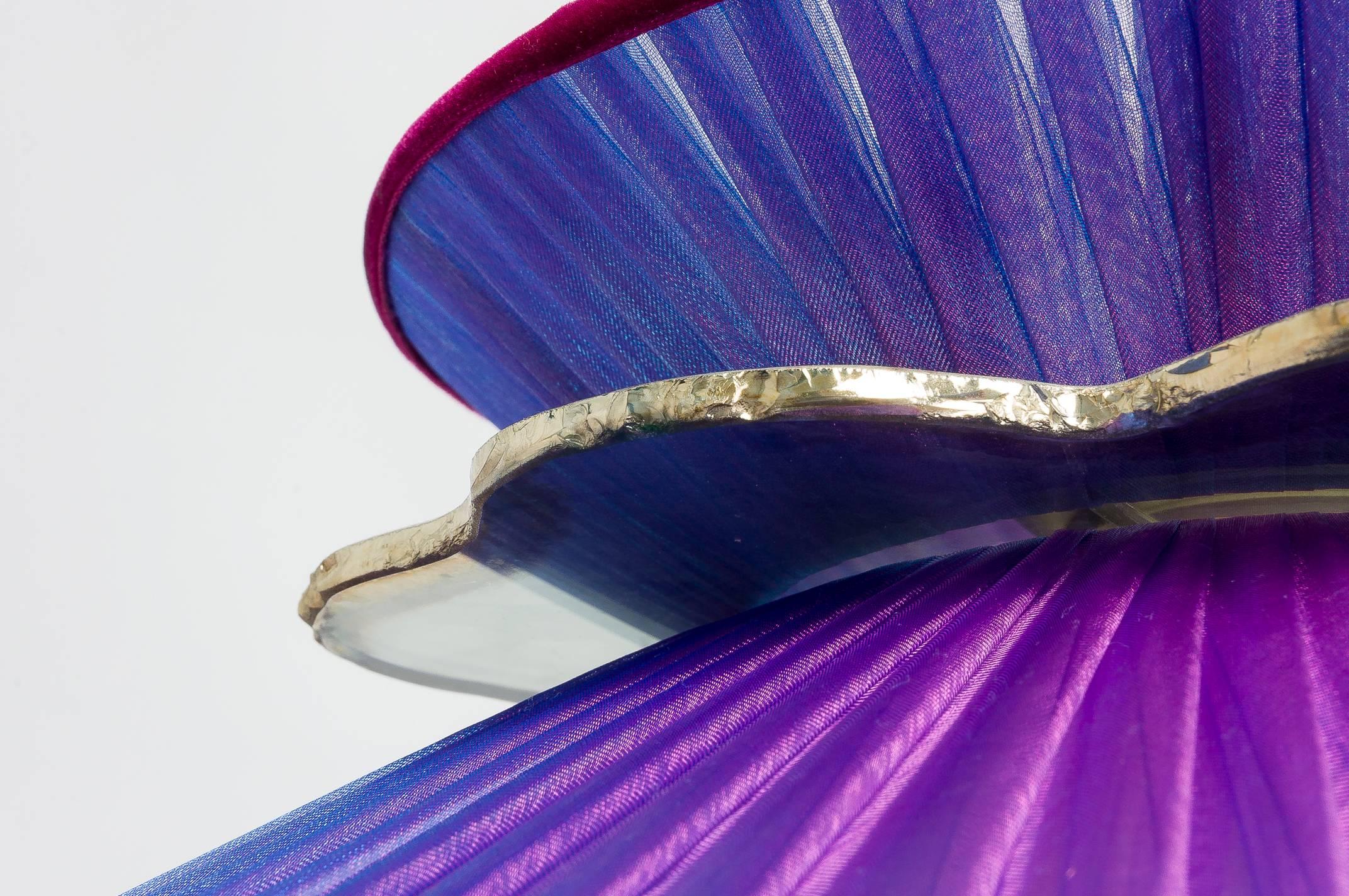 Contemporary Daisy Table Lamp in Brass, Amethyst Silk and Silvered Necklace Glass Handmade