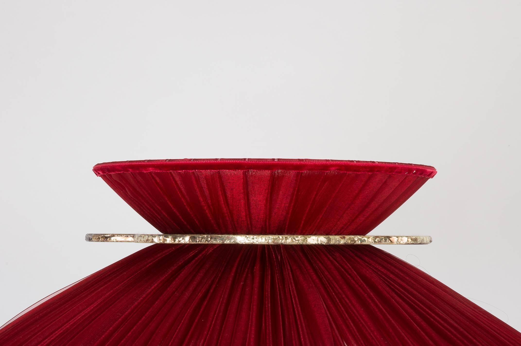Daisy Table Lamp in Brass, Red Silk and Silvered necklace Glass Handmade In New Condition In Pietrasanta, IT