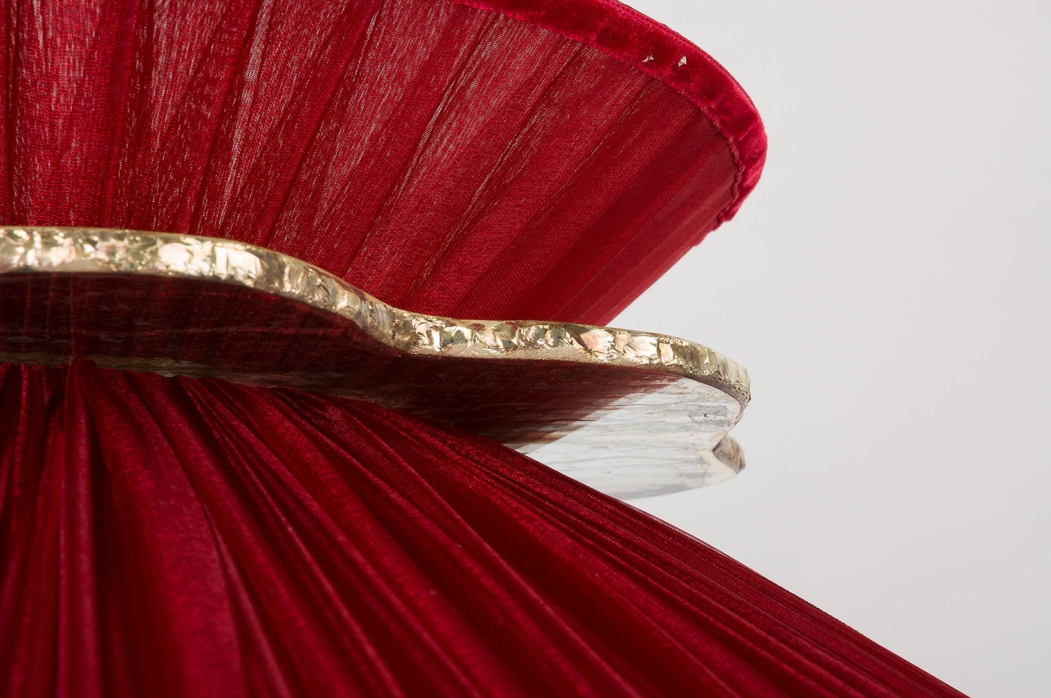 Contemporary Daisy Table Lamp in Brass, Red Silk and Silvered necklace Glass Handmade
